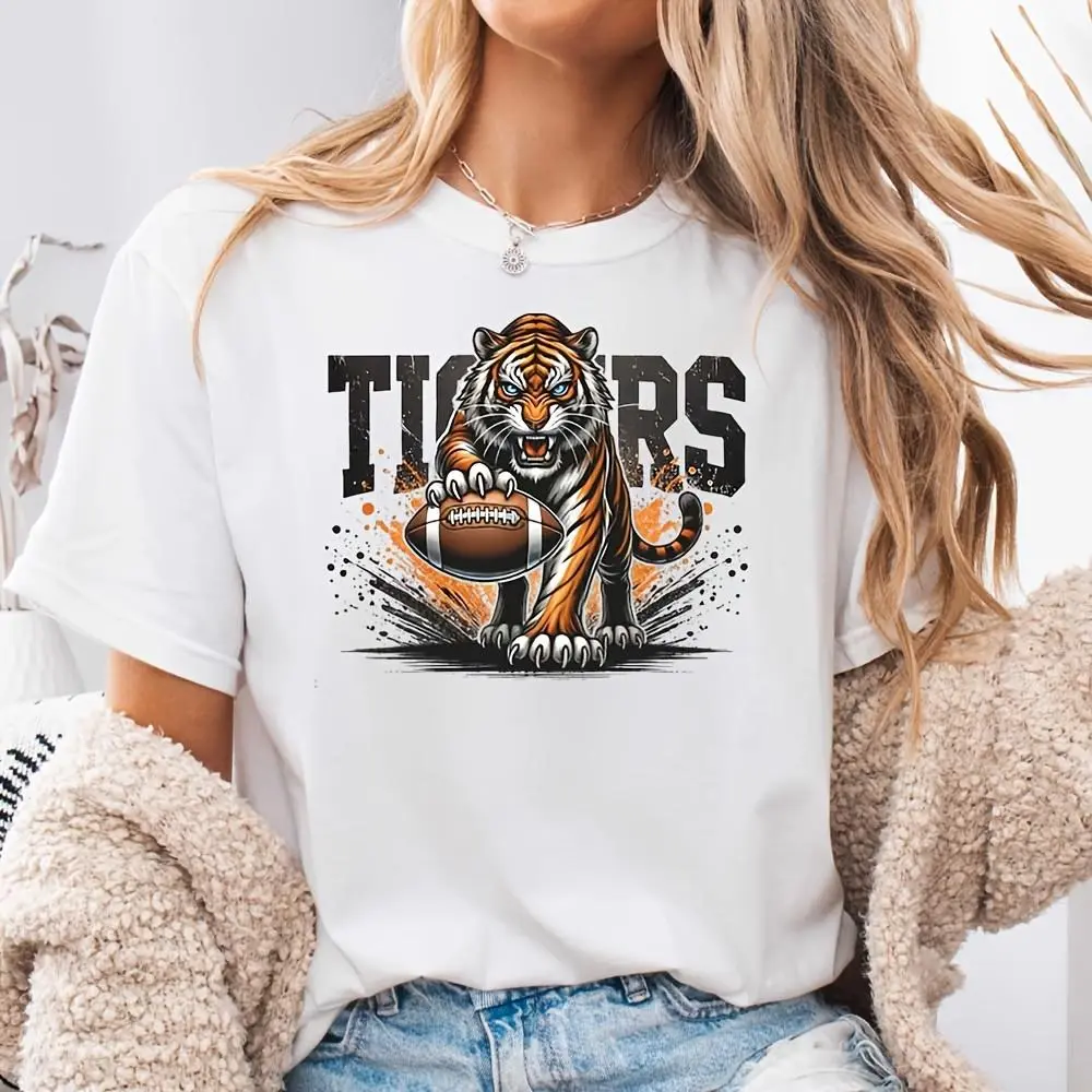Tigers Football Graphic Print, Neck Drop Shoulder T-Shirt, Sports Team Spirit Design, Casual Daily Wear And Game Day Outfit