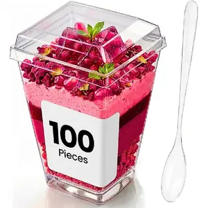 100 Pack 5 oz Disposable Plastic Dessert Cups with Lids and Spoons Clear Mini Parfait Cups Dessert Shooter Cheesecake Cups for Party Pudding Mousse Tiramisu Trifle Yogurt BPA Free Square