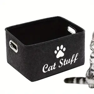1pc Felt Pet Storage Bin with Handles, Cat Stuff Organizer Basket for Toys, Clothes, Food, And Supplies, Storage Bins for Home Organization