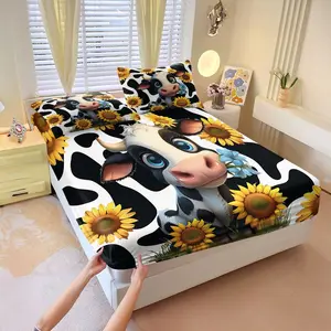 3Pcs Cute Cartoon Baby Cow Spotted Fitted Sheet Set, Blue-Eyed Black & White Spotted Cow Bedding with Blue Flowers & Sunflowers, Soft Durable Fabric for Kids/Boys/Girls Bedrooms, Cozy Bedroom Decor & Gift, Includes 2 Pillowcases, No Pillow Core