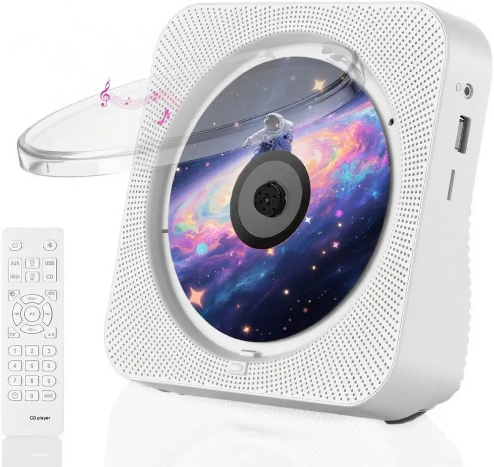 CD Player Portable,  CD Players for  with Remote Control Hifi Stereo LED Display Timer FM Radio AUX/USB/TF Jack, Music CD Player with Speakers Desktop Boombox for Office   (White)