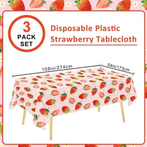 3 Pack Strawberry Tablecloths - Plastic Table Cover for Birthday & Baby Shower Parties, 54 x 108 Inch Ornaments Decor