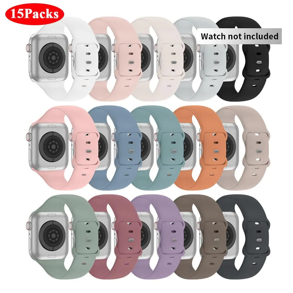 Silicone Watch Band for Apple Watch (Band Only), 15pcs Soft Breathable Sport Watch Band Compatible with iWatch, Replacement Smart Watch Band for Women Men, Smart Watch Straps, Smartwatch Accessories