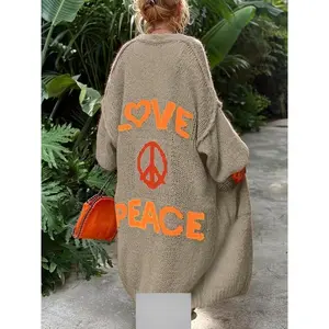 Letter Pattern Open Front Cardigan, Casual Drop Shoulder Long Sleeve Cardigan For Spring & Fall, Women's Clothing