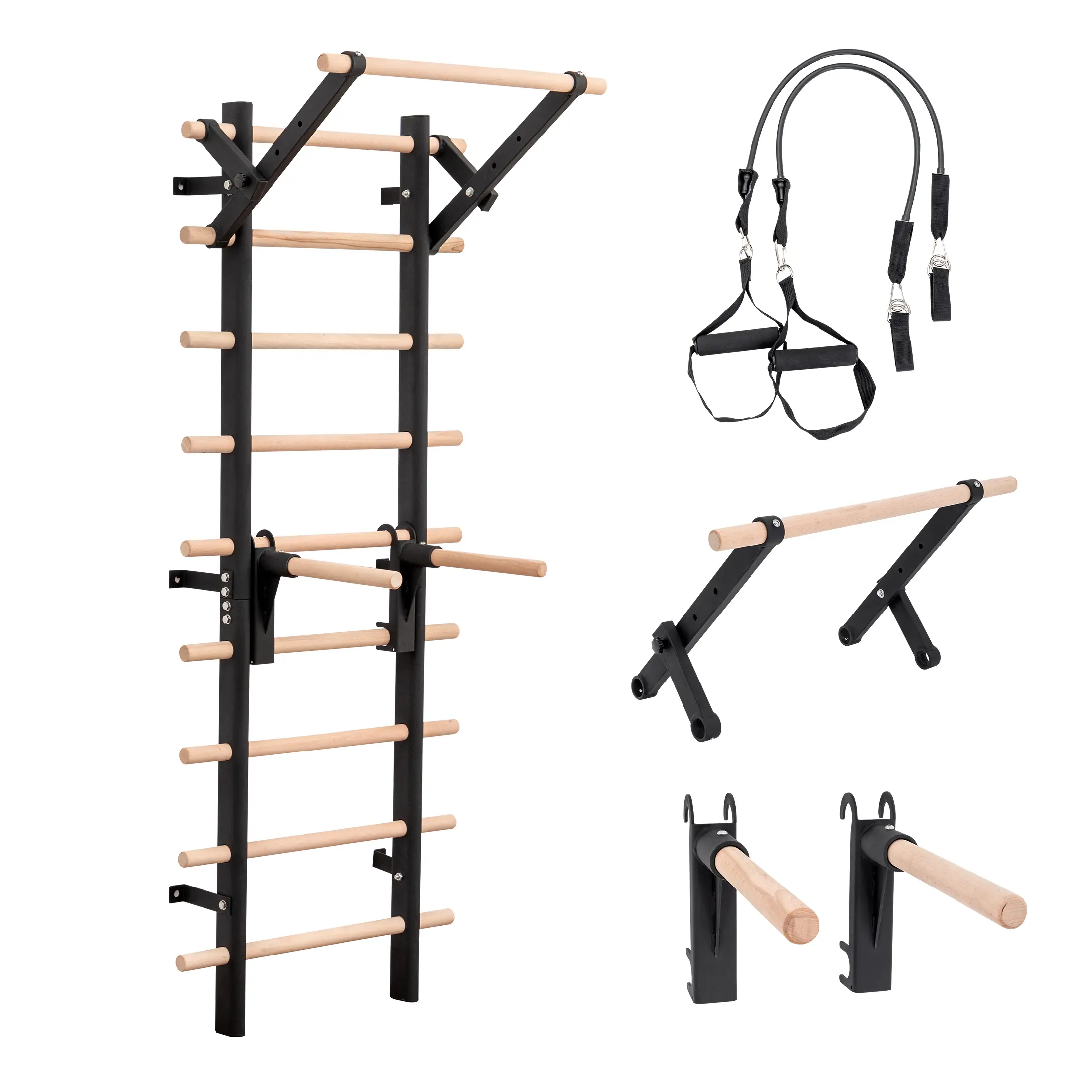 Wall Mount Swedish Ladder Home Gym Station, Heavy Duty Steel Frame, 286 LBS, Multi-Angle Adjustable Pull Up Bar & Detachable Dip Bars, 1.5” Solid Beech Wood Rungs with Resistance Straps,  Home Equipment Workout for Adults Seniors Kids，exercise  machines
