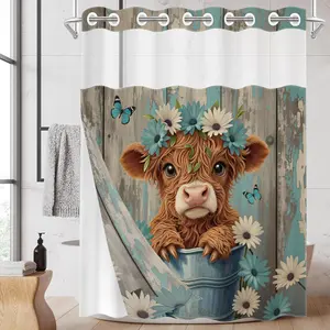 1 Pack No Hook Double Layer Shower Curtain, Decorative Shower Curtain, Highland Cow Daisy Print, Machine Washable, Waterproof, Mildew Resistant, Durable Fabric, Farmhouse Bathroom Decor, Removable Liner, Top See-Through Window, 71"×74