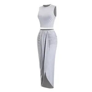 Women's Solid Crop Tank Top & Ruched Asymmetrical Hem Split Skirt Set, Casual Mock Neck Sleeveless Top & High Waist Wrap Skirt,, Cute Summer Outfit