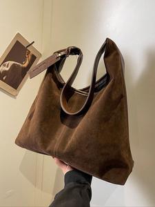 women's solid suede tote bag, fashionable large capacity shoulder bag for work, casual trendy versatile high-quality daily commuting bag, girl fashionable shopping bag