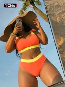 Women's Sexy U-Neck Bikini Set, Colorblock Contrast Binding, Sleeveless High Waist Swimsuit, Summer Beach Vacation Swimwear