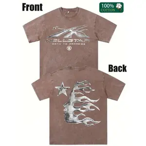 New Style Men's Graphic Cotton T-Shirt - Casual Loose Fit Summer Tee with Star & Flames Design, Brown Cotton Round Neck Shirt for Adults, Breathable Tshirt |     Edgy Casualwear |     Cotton Tee