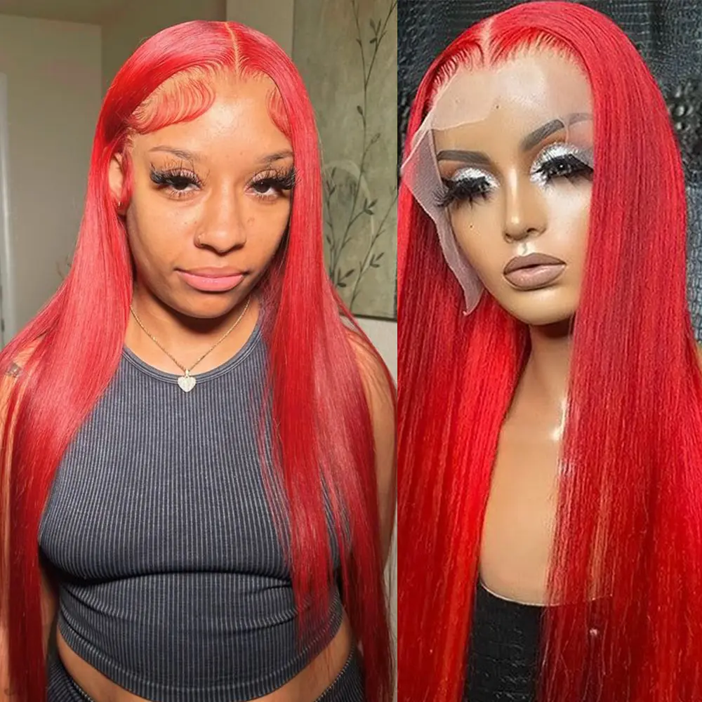 QD-Tizer Red Wigs Synthetic Lace Front Wigs Bright Red Long Straight Hair Wig 13x4 HD Glueless Pre Plucked Hair Heat Resistant Fiber Hair Daily Wear Daily Wear