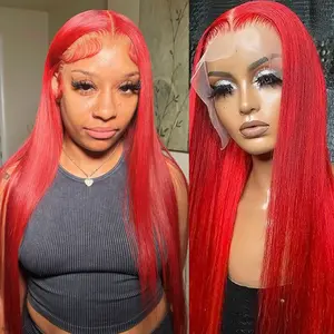 QD-Tizer Red Wigs Synthetic Lace Front Wigs Bright Red Long Straight Hair Wig 13x4 HD Glueless Pre Plucked Hair Heat Resistant Fiber Hair Daily Wear Daily Wear