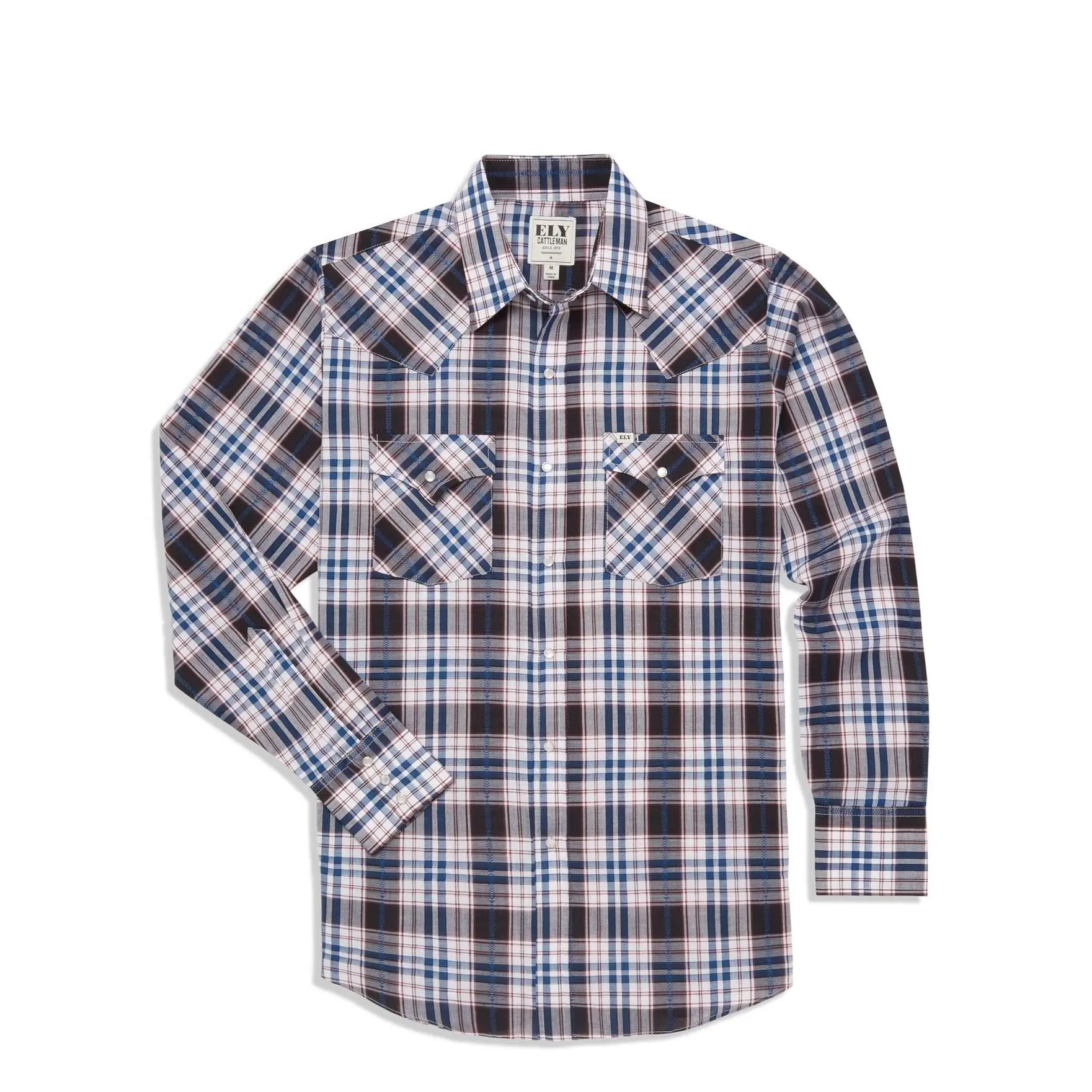 Men's Ely Cattleman Long Sleeve Textured Aztec Plaid Western Snap Shirt-Black