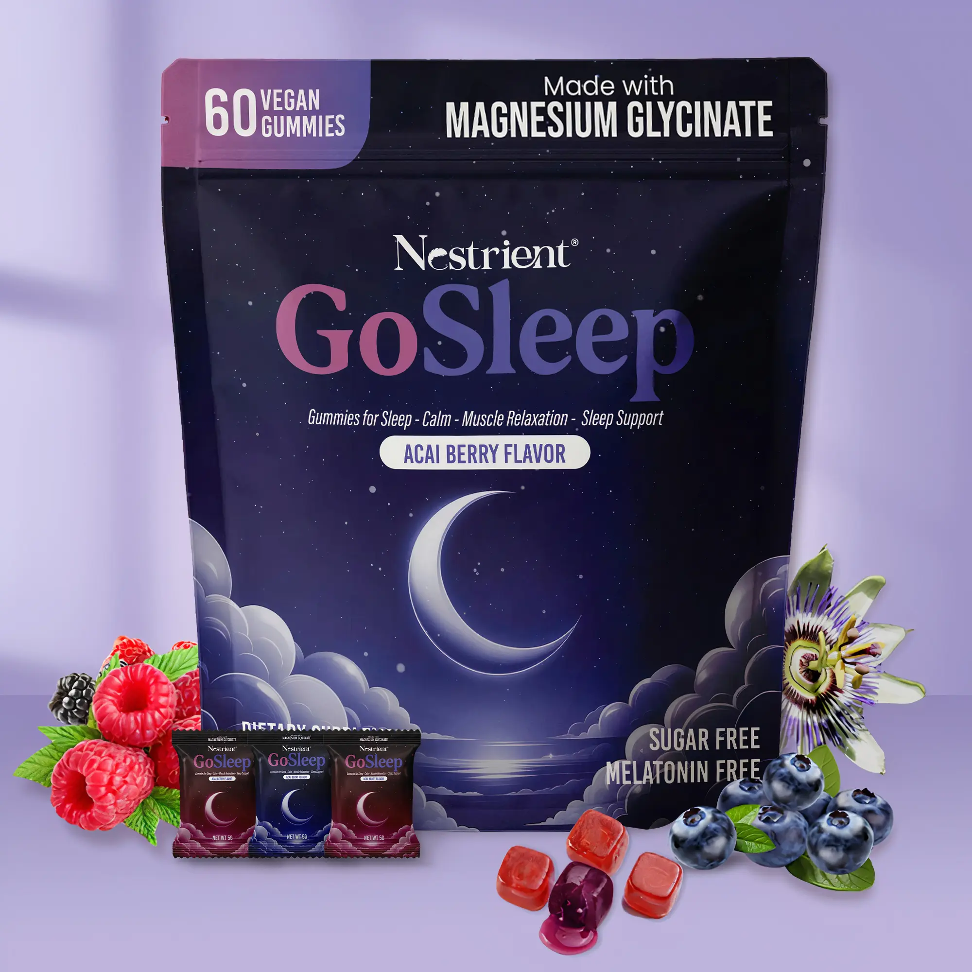 Nestrient GoSleep Melatonin Free Sleep Gummies with Magnesium Glycinate | Fall Asleep Faster & Stay Asleep Longer | GABA L-Theanine Valerian Root Passionflower Lemon Balm | Stress Relief Deep Sleep Support Acai Berry Gummies Non Habit Forming Vegan