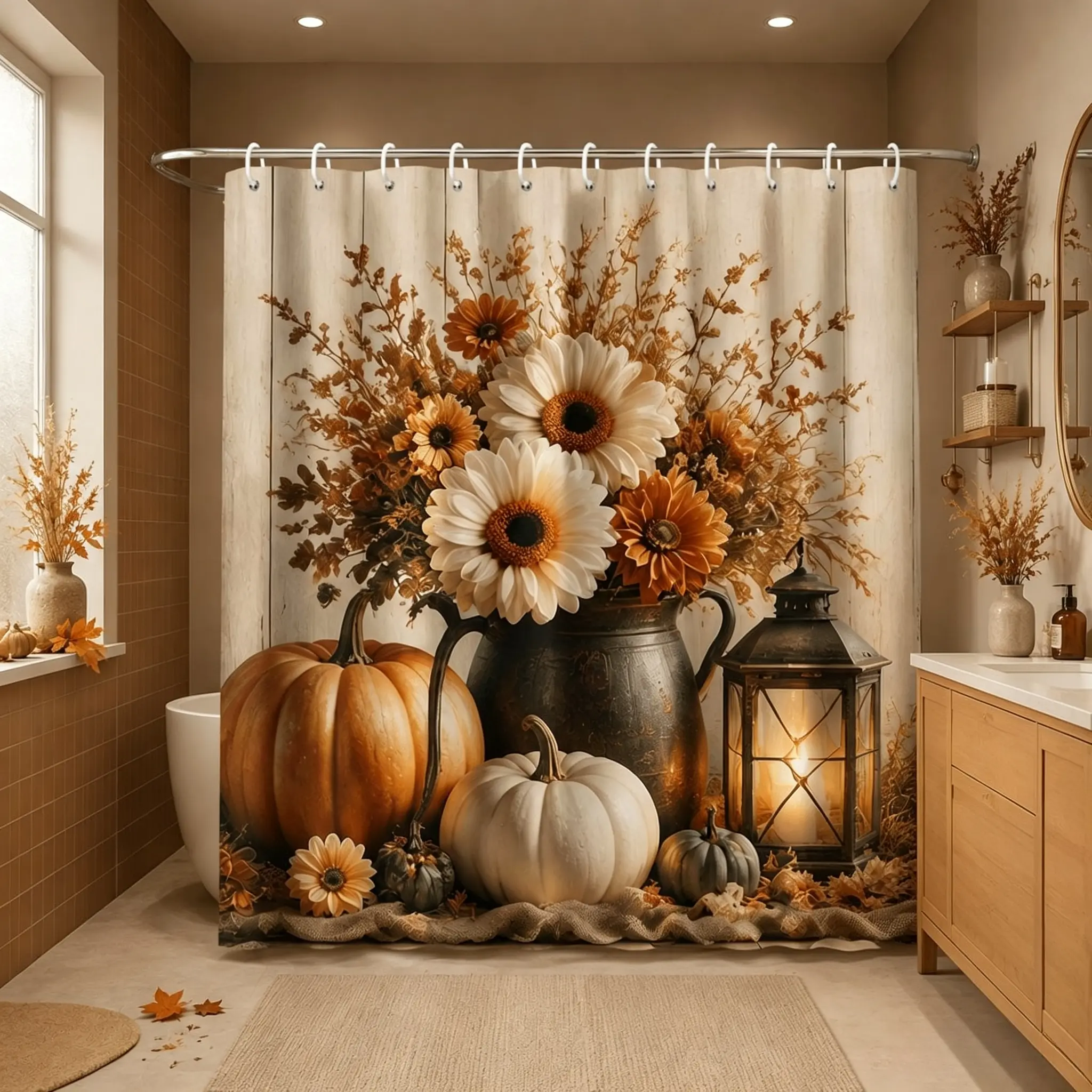Handorio 72*72inches Autumn Seamless Pattern Shower Curtain Orange Pumpkins White Peach Flowers Green Brown Leaves Black and White Stripes Watercolor Style Polyester Fabric Includes 12 Hooks Machine Washable Bathroom Decor Bath Curtain|Autumn Theme Decor