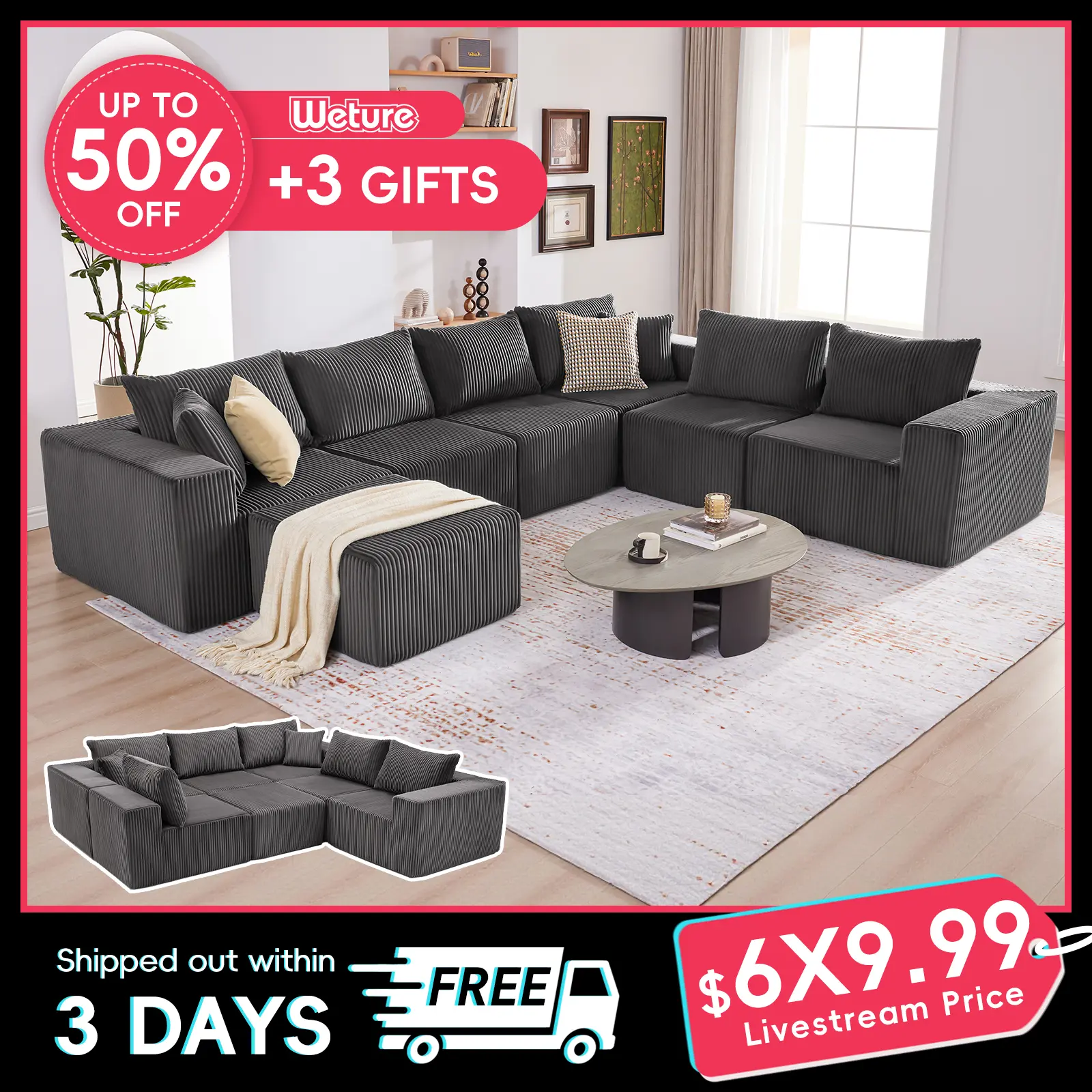 【4 packages】135.4" Cloud Couch Sectional, Sectional Sleeper Sofa with Deep Seat, Plush Corduroy U Shaped Boneless Couch, Convertible Modular Couches for Living Room, 7Seat