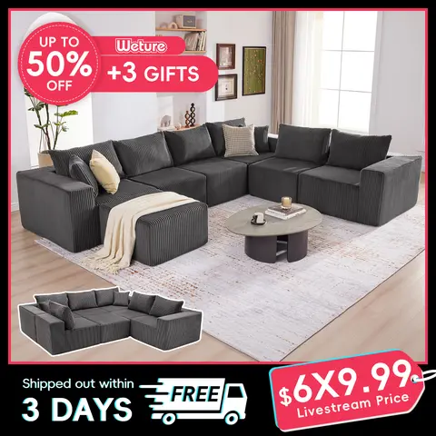【4 packages】135.4" Cloud Couch Sectional, Sectional Sleeper Sofa with Deep Seat, Plush Corduroy U Shaped Boneless Couch, Convertible Modular Couches for Living Room, 7Seat