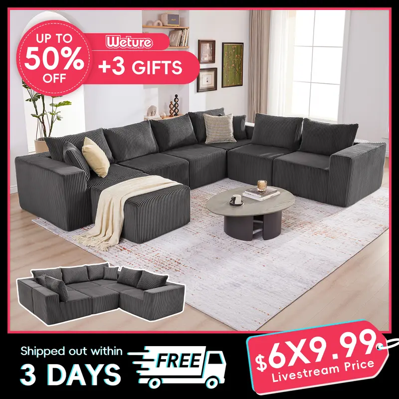 【4 packages】135.4" Cloud Couch Sectional, Sectional Sleeper Sofa with Deep Seat, Plush Corduroy U Shaped Boneless Couch, Convertible Modular Couches for Living Room, 7Seat