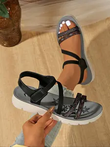Women's Fashionable Argyle Pattern Velcro Strapy Sandals, Casual Comfortable Wedge Sandals for Summer, Lightweight Breathable Shoes For Summer