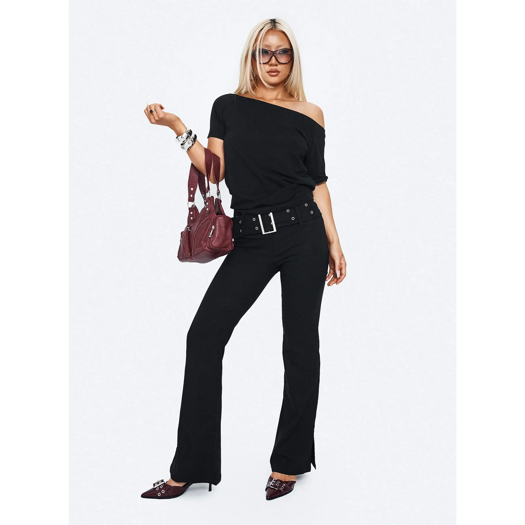 Kortnee Eyelet Detail Flare Leg Pants Black