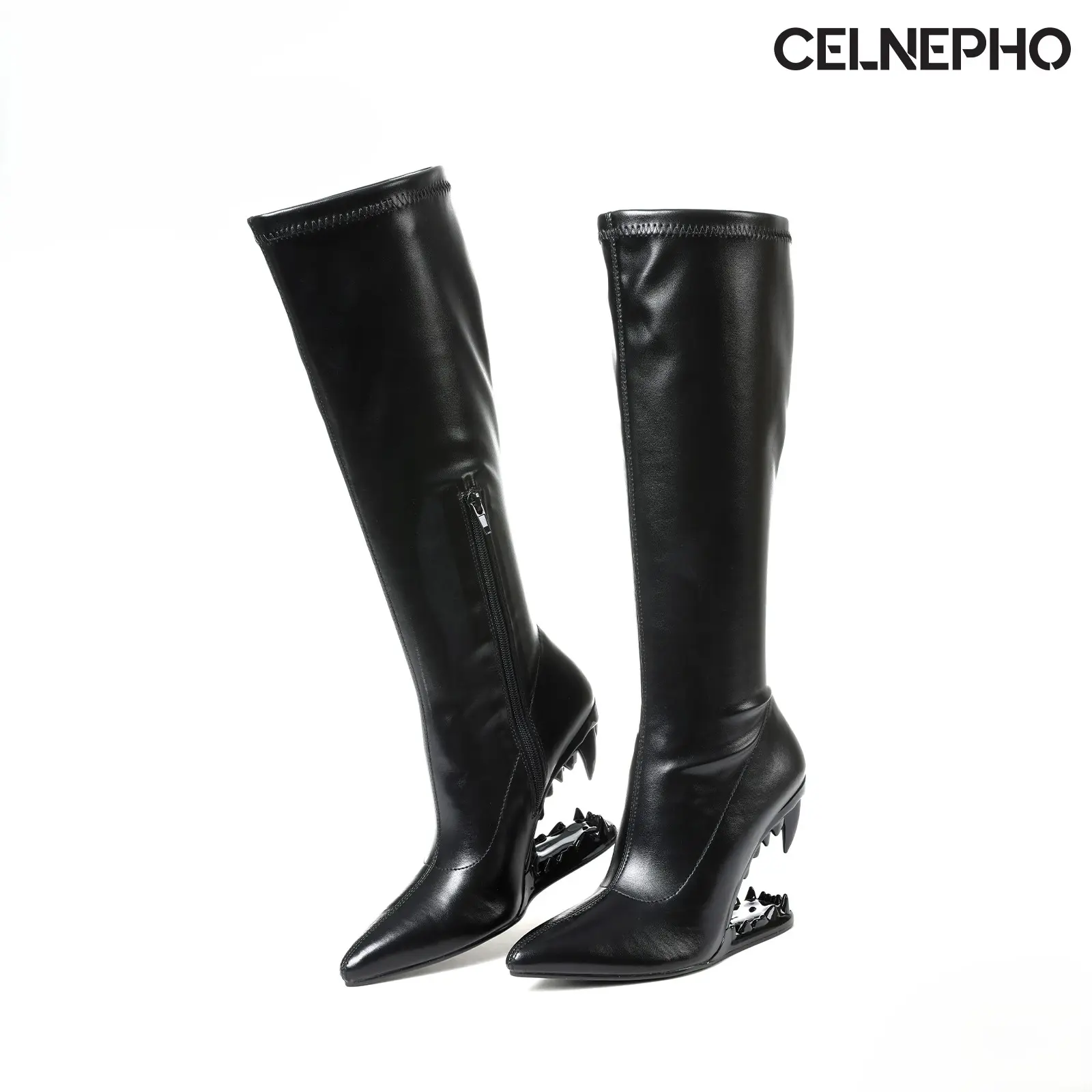 CELNEPHO Knee High Boots for Women Pointed Toe Morso Boot Metalic Heel Tiger Teeth Shaped Heel Side Zipper Closure Goth Tall Boots Comfy Easy Pull on Costume Party Club Out Concert Fashion Dress Shoes