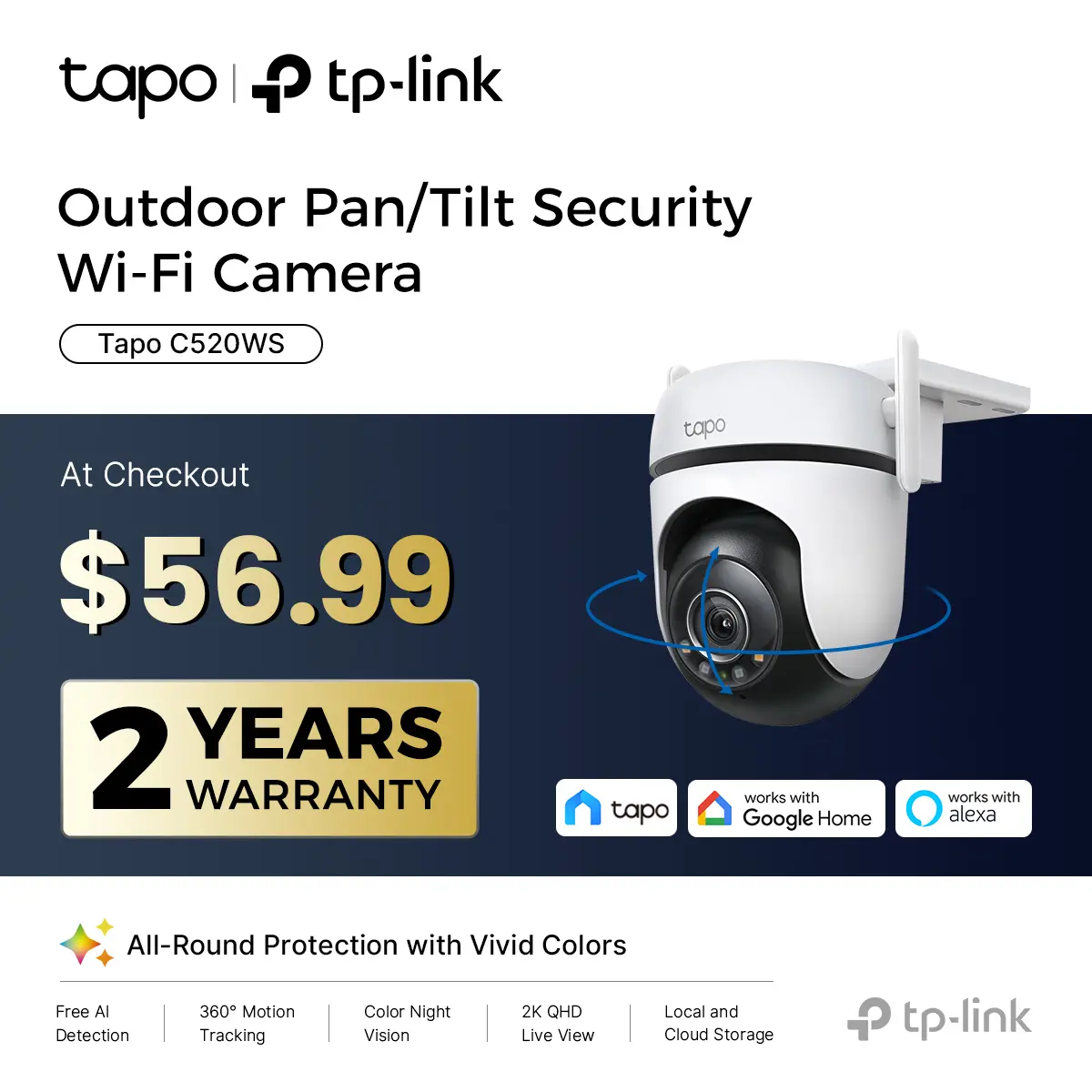 TP-Link & Tapo C520WS - 2K QHD Outdoor Pan/Tilt Wi-Fi Security Camera with 360° View, Motion Tracking, Color Night Vision, AI Detection, and Cloud & SD Card Storage Protection Surveillance Durable Adjustable   #SummerWins #DealsForYouDays