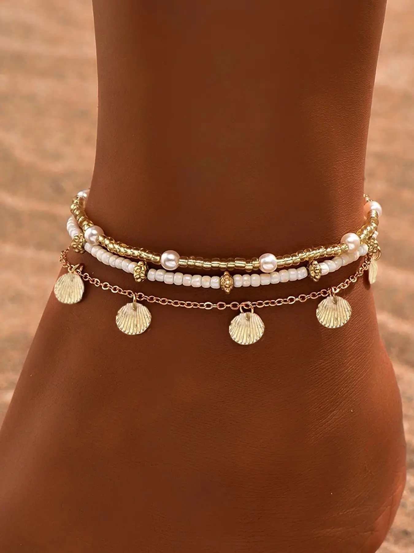 3-Piece Anklet Set for Women: Simple Gold-Tone Round Pendant, Tassel, and Beaded Design. Adjustable Vintage Gold-Tone Chain Anklet Set—Perfect Summer Beach Foot Jewelry for Daily Wear and Vacation Styling.
