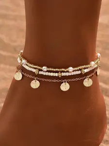 Women's Adjustable Anklet Set featuring Zircon-Inlaid Flowers—Ideal Summer Beach Foot Jewelry; Vintage Gold-Tone Chain Anklet Set, Adjustable Beaded Foot Accessories for Women's Beach Vacations