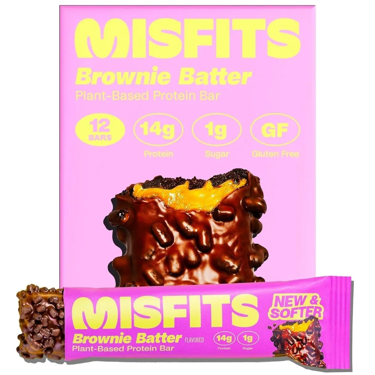 Misfits Vegan Protein Bars - Fudgey Brownie Batter| Nutrition Bars - 14g Protein, 1g Sugar, Plant-based, Low Carb, Non-GMO, Gluten Free Snacks | Pack of 12
