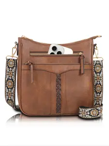Women's Fashion Retro Leather Boho Style Crossbody Bag, Large Capacity Woven Shoulder Bag with Ethnic Style Strap Perfect for Commuting