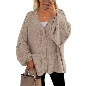 PrettyGarden V Neck Button Down Cardigan Fall Chunky Sweaters Stiching Lantern Sleeve Knit Oversized Sweater Coats with Pockets, Comfy Womenswear,Minimalist Knitwear