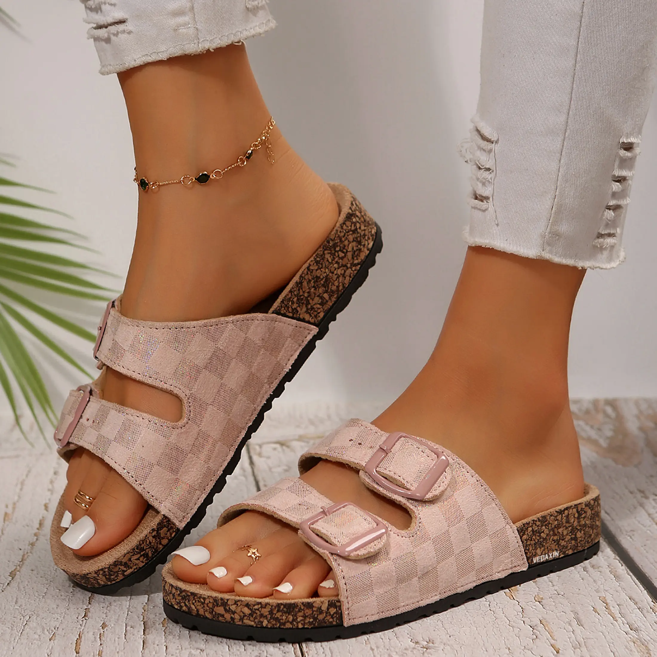 Women's Comfortable Sandals Cork Footbed Sandals Checkered Pattern with Adjustable Buckles