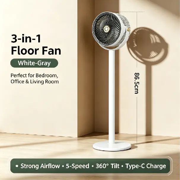 3-in-1 New Model Household Floor Fan with Charging Function Standing Fan for Office, Bedroom, Floor - White/Grey