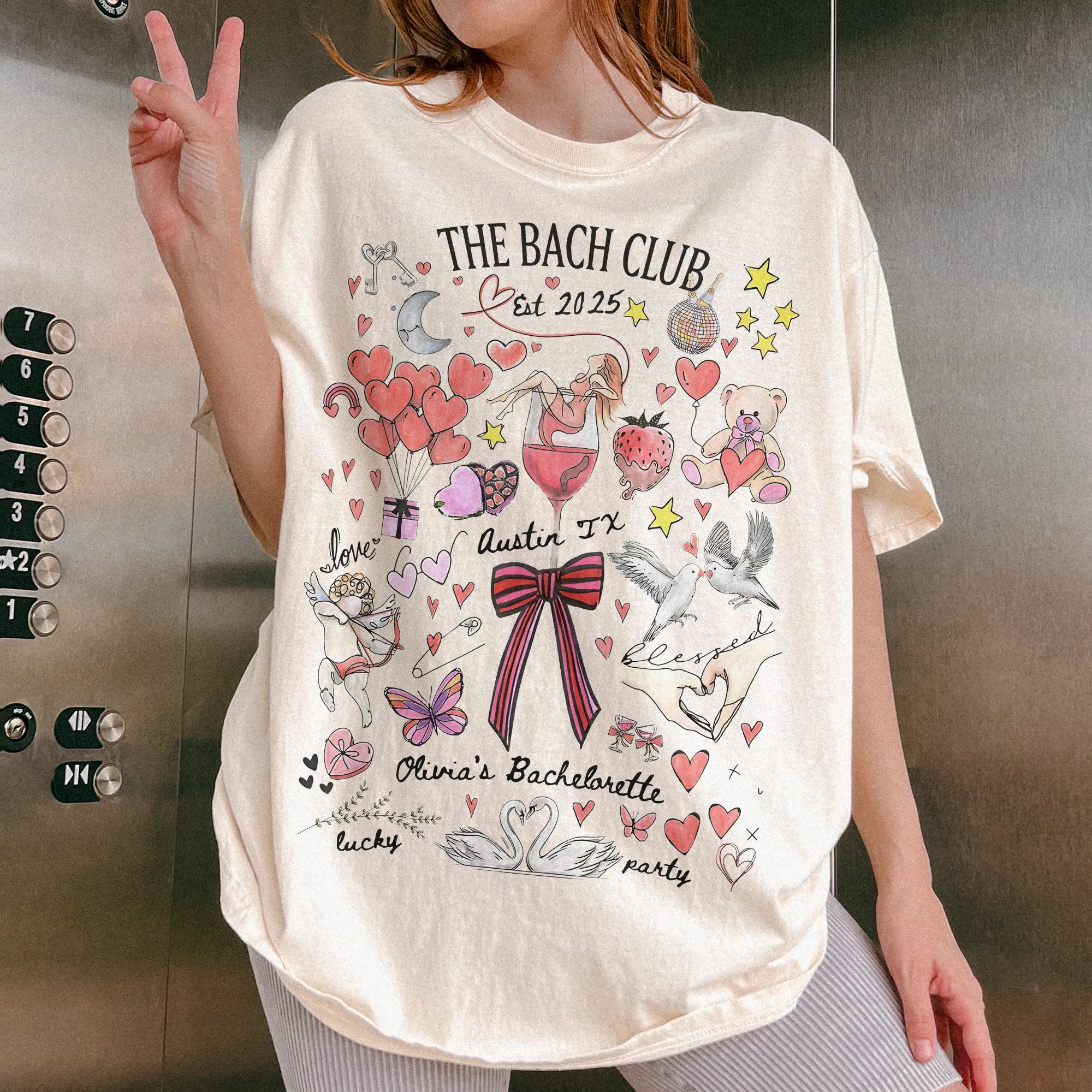 Cute Bachelorette Shirt, Cocktail Social Club Shirt, Custom Name Location Bridal Party Shirt, Fun Bach Club Tee, Lovely Pink Red Bow Tee Hearts Crewneck Top