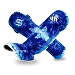 Funk Strike Hook & Loop Shin Guards, Blue Design with Unique Patterns, Features Logo and Text, Durable Material for Safety