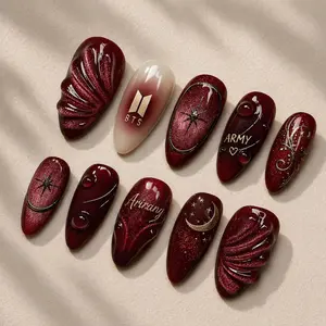 KPOP Arirang Inspired Press On Nails | 2026 Comeback Royal Crimson Art | 3D Sculpted Velvet Cat Eye Nails | Gold Filigree K-pop Nails