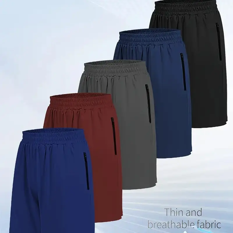 Men's 5-Piece Lightweight Performance Sports Shorts - Elastic Drawstring Waist, Zip Pockets, Moisture-Wicking Fabric, 5 Solid Colours, Durable, Loose Lightweight Breathable, for Gym, Outdoor Training, Lightweight Performance Men's Sports Shorts, Loose Lig