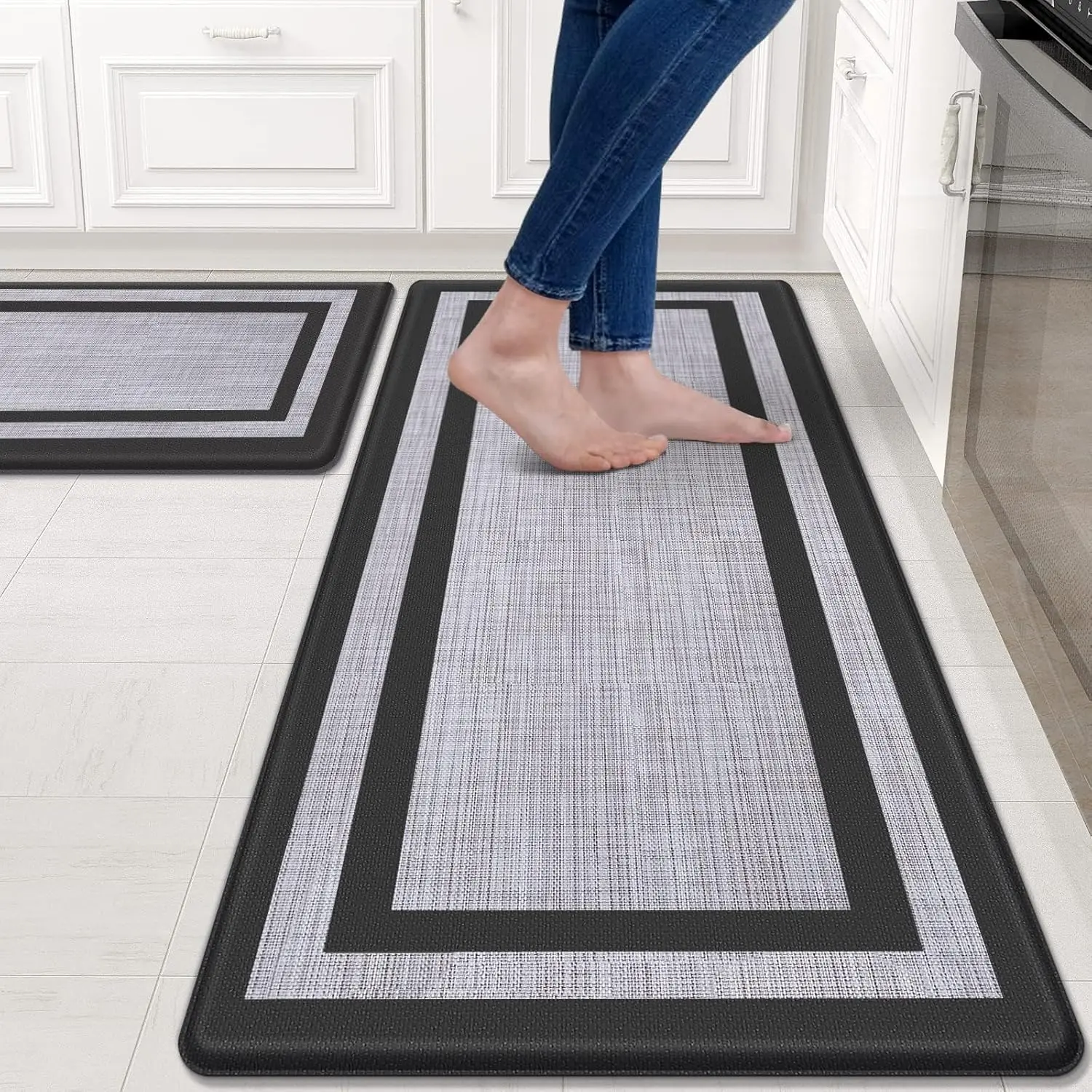 Kitchen Mat [2 PCS] Cushioned Anti-Fatigue Non-Skid Waterproof Rugs Ergonomic Comfort Standing Mat for Kitchen Floor Office Sink Laundry Black and Gray Geometric Design