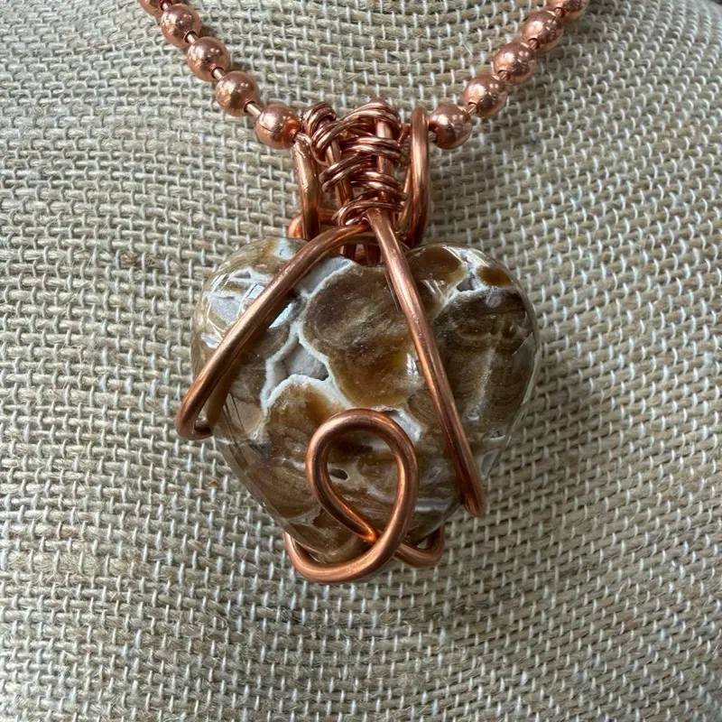 Elegant Small Chocolate Calcite Heart Crystal Pendant Necklace, 24-in Copper Bead Chain for Legacy Building, Suitable for Casual Wear