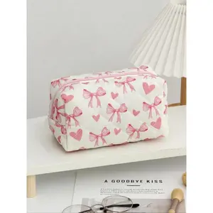 Cute Bow & Heart Pattern Makeup Bag, Large Capacity Cosmetic Storage Bag, Zipper Makeup Organizer Pouch, Versatile Storage Bag for Women’s Travel & Everyday Use