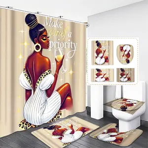1/4pcs African American Women Bath Curtain Set, Shower Curtain Sets, Waterproof Shower Curtains with 12 Hooks, Non-Slip Bathroom Rugs, Toilet U-Shaped Mat