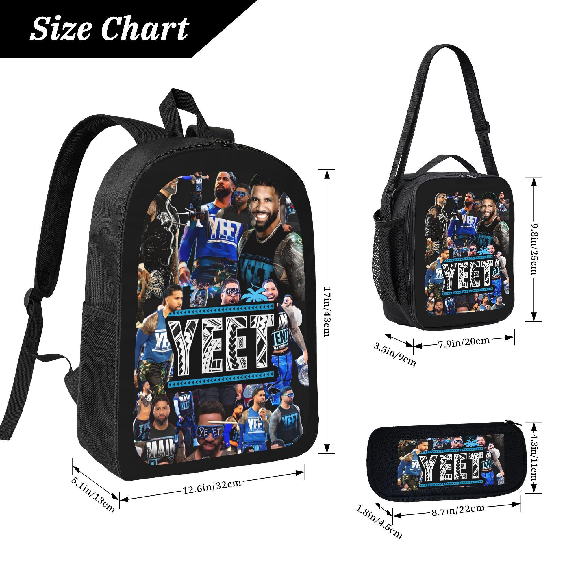 YEET Jey Uso Backpack School Travel Daily Lightweight Large Capacity Adjustable Comfortable Mesh Cushioning 3 In 1 Lunch Box Pencil Case Style For Boy Girl Teen Students Casual Outdoor Use Series-A