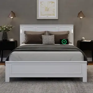 Queen Bed Frame with Tall Headboard & Footboard, Pine Wood Platform Bed with LED Lights and USB Charging Station, No Box Spring Needed, Easy Assembly, White