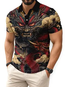 Japanese Dragon Pattern Polo Shirt, Eastern Myth Casual Top, Fitted Style, Print Design, Men's Fashion, Comfortable Wear, Fire Dragon