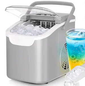 Grey Quiet Portable Mini Ice Machine with Basket & Scoop, 8pcs/6 Mins, 2 Sizes, Self-Cleaning, 26.5Lbs/Day, Energy-Saving Countertop Ice Maker for Home & Office