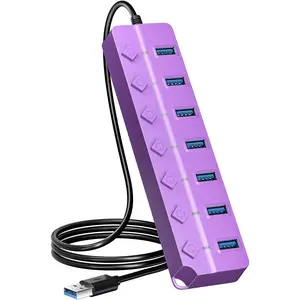 P-PSP01   USB Hub 3.0, 7-Port USB Hub Splitter with Individual On/Off Switches and Lights, 3.2ft/1m Long Cable Compatible with MacBook, Laptop, Surface Pro, PS4, PC, Flash Drive, Mobile HDD-Purple