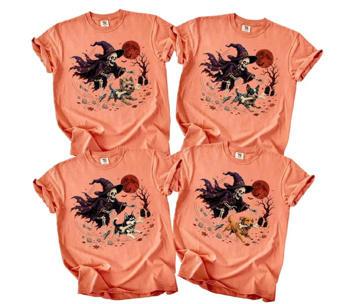 Custom Dog Breed Comfort Colors Halloween Shirt | 50+ Dog Breeds Funny Skeleton Witch Dog Graphic Tee | Spooky Dog Lover Gift