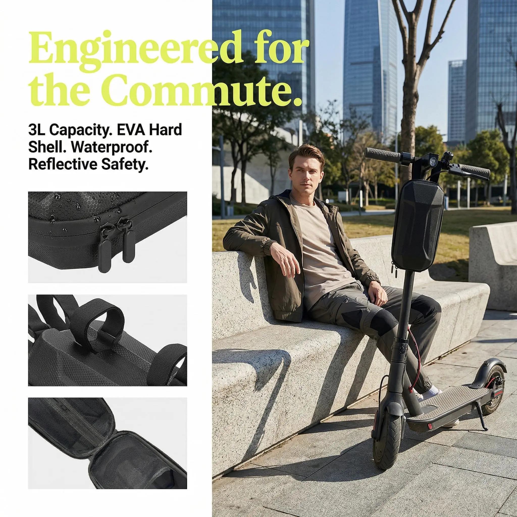 Solid Hard Shell Handlebar Bag for Daily Commuters, 3L Reflective & Water Resistant Ebike Accessories with Detachable Pouch, Easy Access Clip-On Front Mount for Scooters, M365/ES Series & City Bikes, Charger, 3L Capacity, Night Riding, Universal Clamp