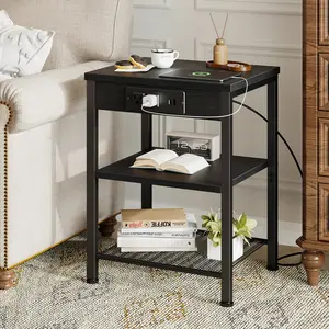 Side Table with Charging Station and USB Port, Small End Table for Small Space, 3-Tier Nightstand with Adjustable Shelf, for Living Room, Bedroom