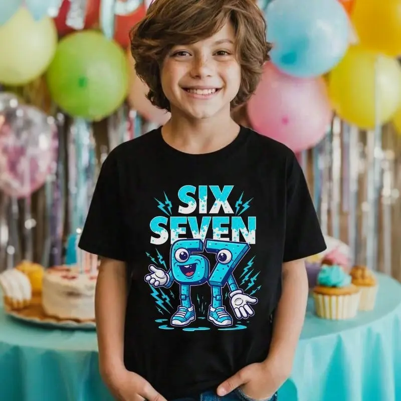 Boys 67 Number Cartoon Cotton T-Shirt, 100% Soft Cotton Trendy Sport Top, Funny Character Pattern Birthday Outfit For Teens